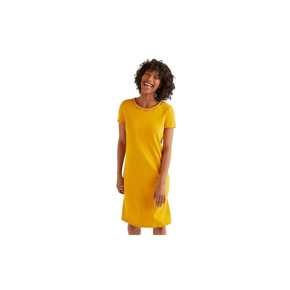 Boden Tunic Charlie Dress Sz‎ 10R Long Mustard Pom Pom Trim 100% Cotton Holiday